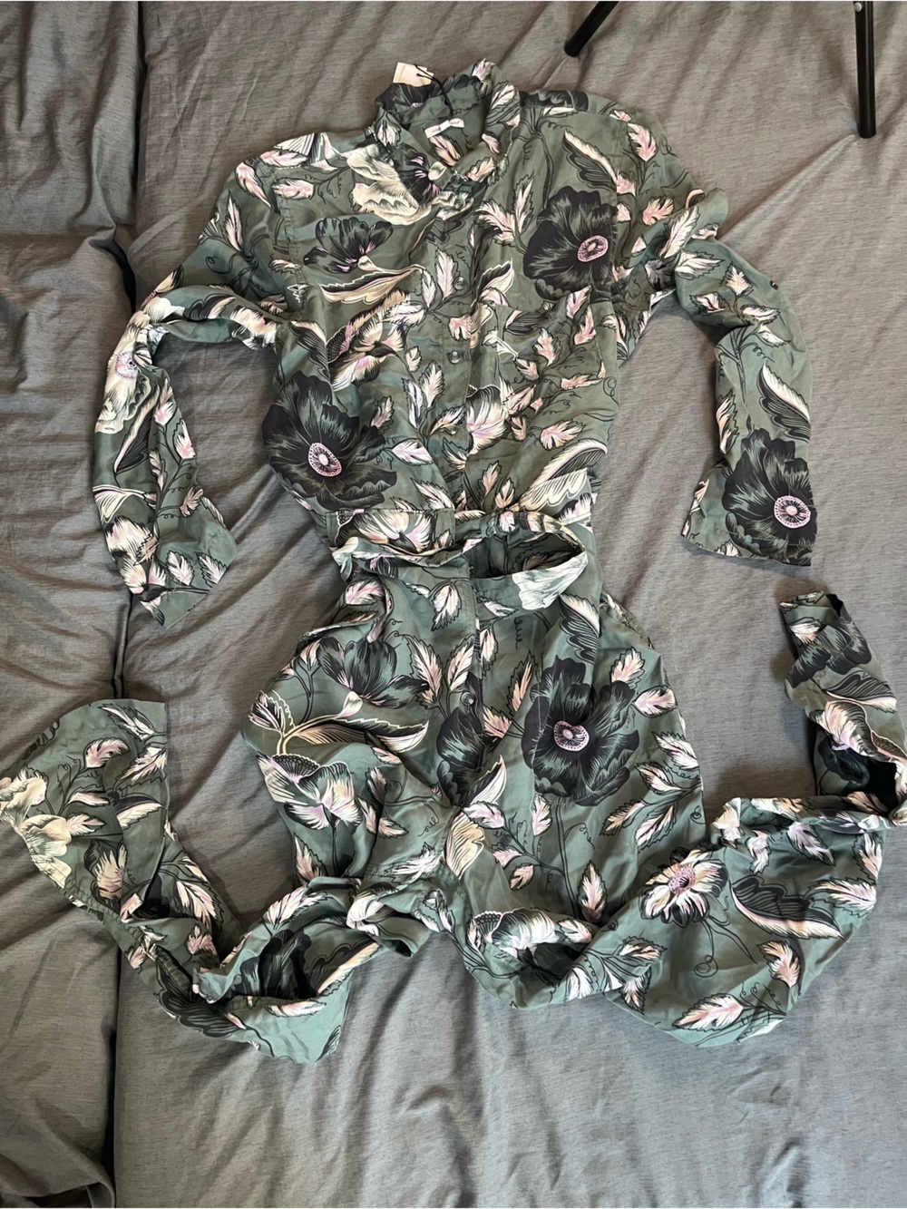 Unsubscribed 100% silk Sage Green Floral Button-Front Long-Sleeve Jumpsuit